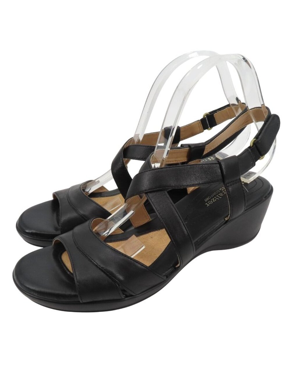 Naturalizer Women 9.5 M TAMMI Solid Black Leather Strappy Wedge Sandals Shoes